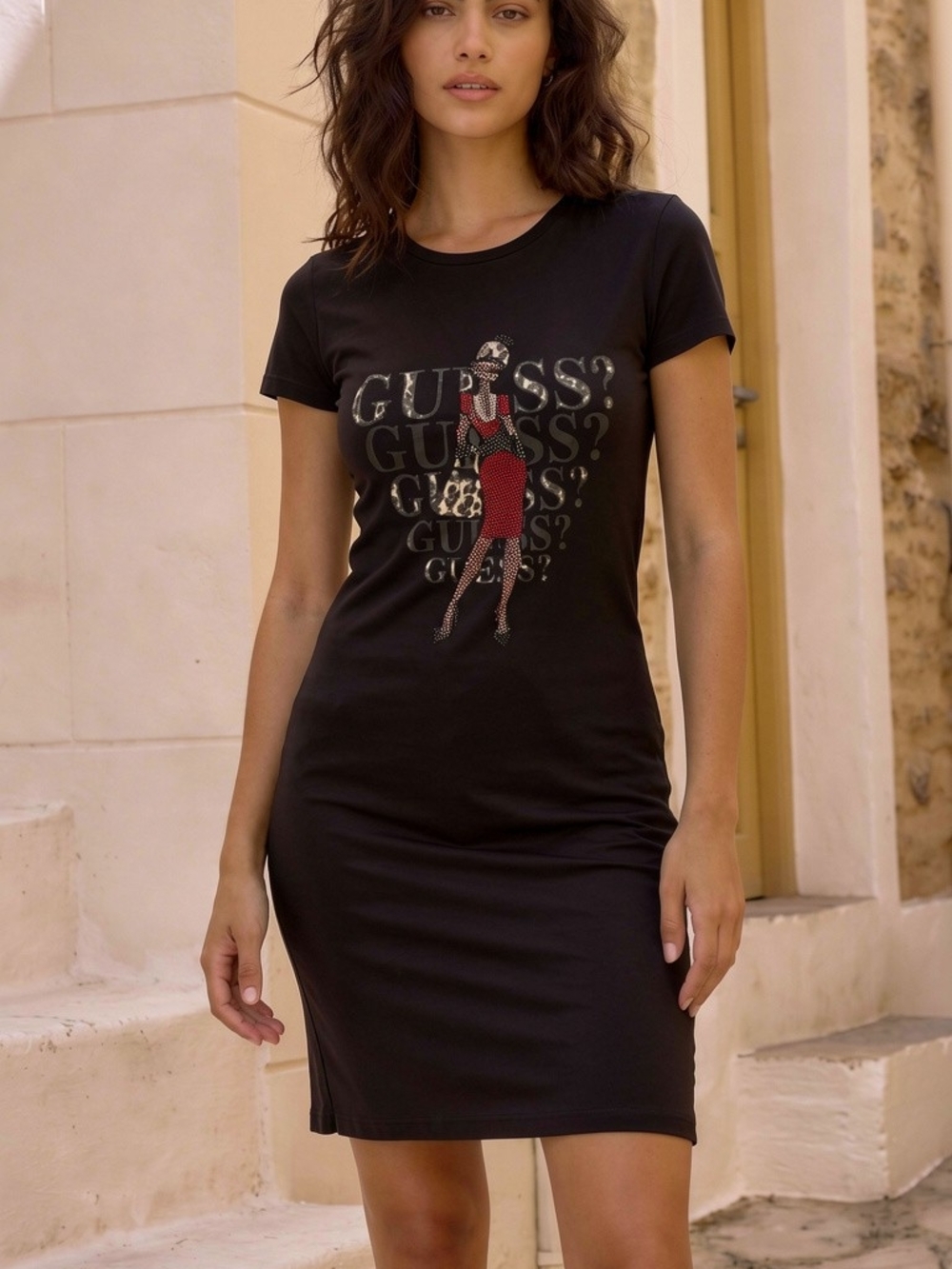 Guess Black Graphic Dress with Red Accent